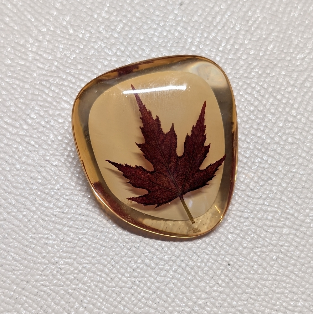 Resin Maple Leaf Brooch Handmade In Canada Amber with Deep Red Leaf